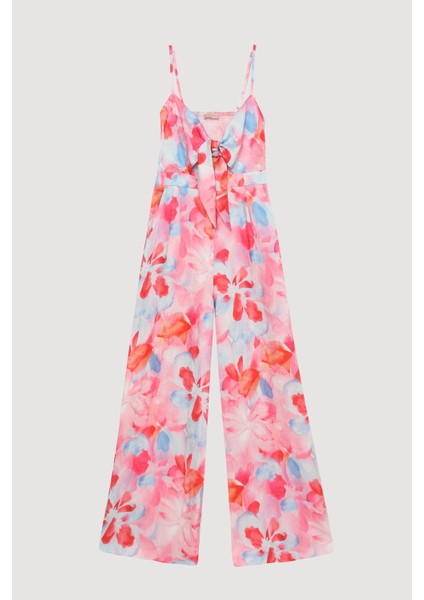 Bağlama Detaylı Çiçek Desenli Askılı Uzun Tulum Pembe