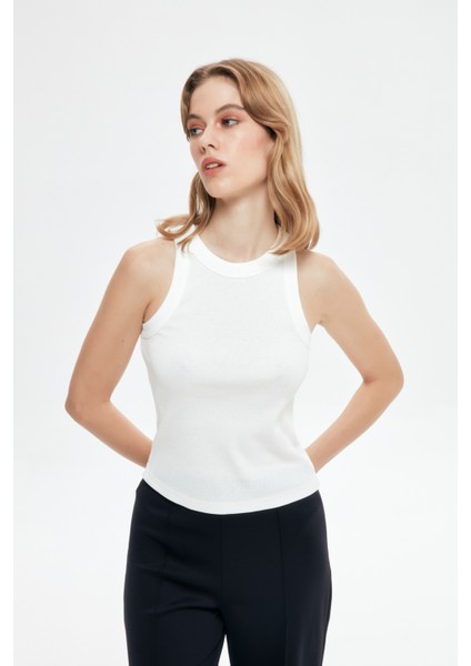 Halter Yaka Basic Fitilli Atlet Ekru