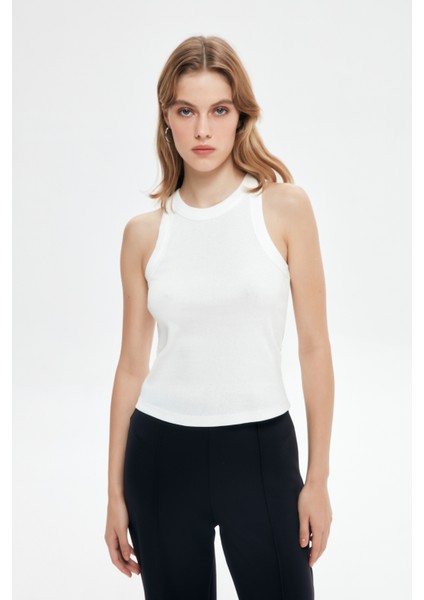 Halter Yaka Basic Fitilli Atlet Ekru