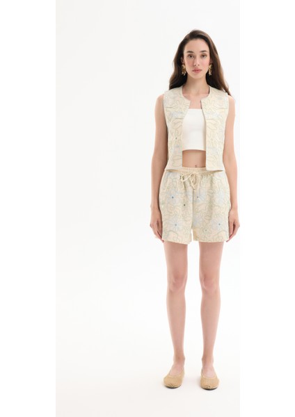 Renkli Nakış Işlemeli Beli Bağcıklı Mini Şort Naturel