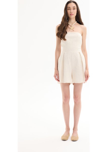 Nakış Işlemeli Pileli Straplez Şort Tulum Naturel