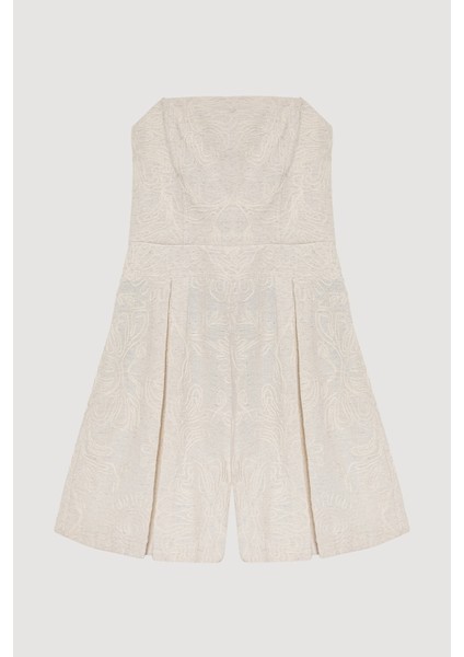 Nakış Işlemeli Pileli Straplez Şort Tulum Naturel