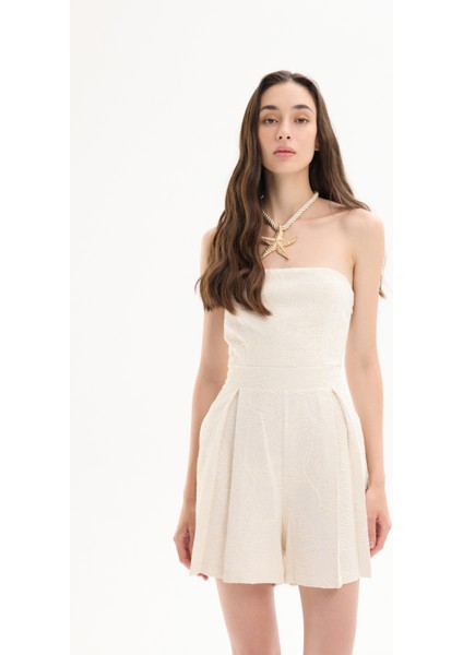 Nakış Işlemeli Pileli Straplez Şort Tulum Naturel