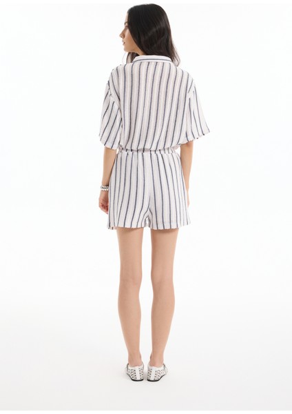 Beli Lastikli Ince Çizgili Şort Ekru