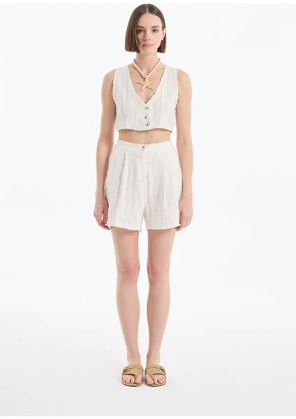 Cep Detaylı Dokulu Keten Mini Şort Naturel