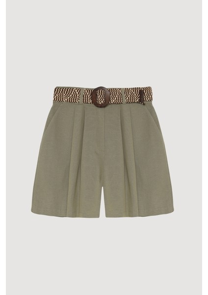 Desenli Kemerli Keten Mini Şort Haki