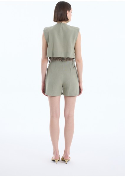 Desenli Kemerli Keten Mini Şort Haki