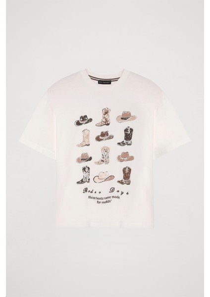 Kovboy Baskılı Tişört Ekru fırsatları