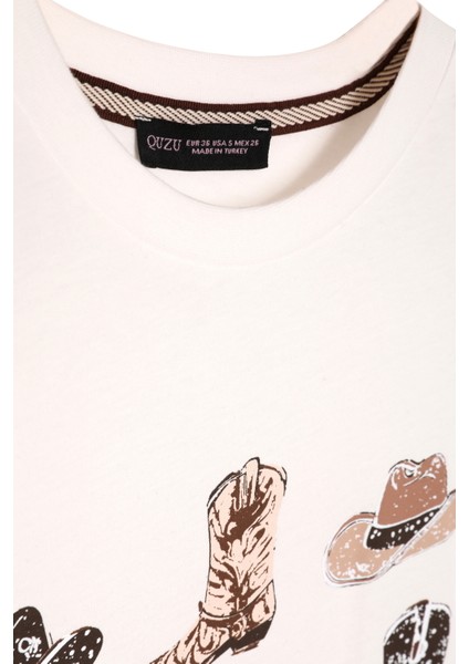 Kovboy Baskılı Tişört Ekru indirimleri