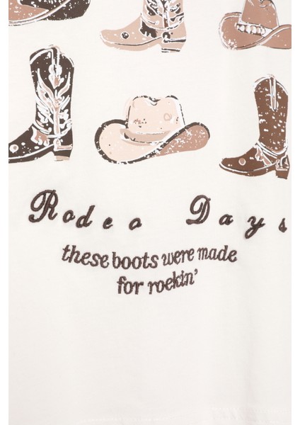 Kovboy Baskılı Tişört Ekru