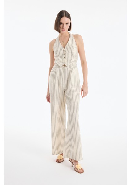Halter Yakalı Çizgili Uzun Tulum Naturel