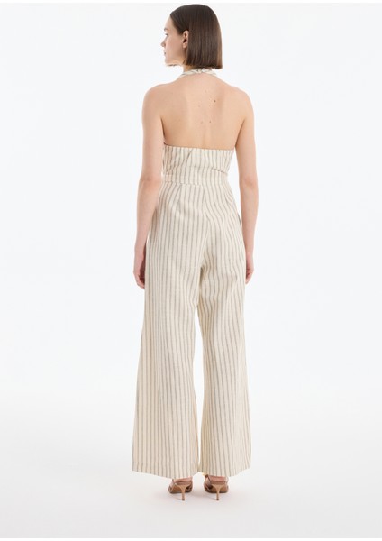 Halter Yakalı Çizgili Uzun Tulum Naturel