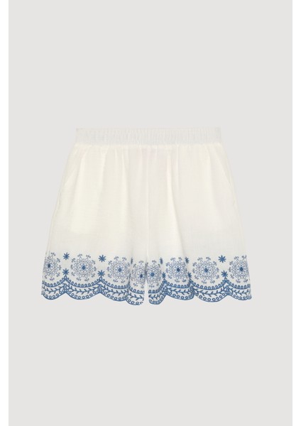 Nakış Detaylı Beli Lastikli Mini Şort Ekru