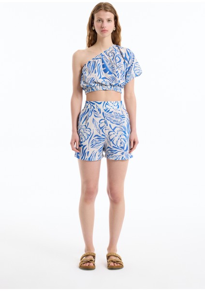 Tropik Desenli Mini Şort Mavi