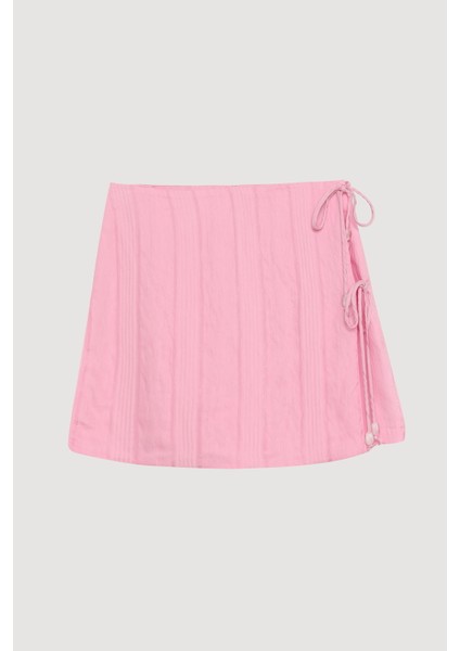 Ince Çizgili Bağlama Detaylı Şort Etek Pembe