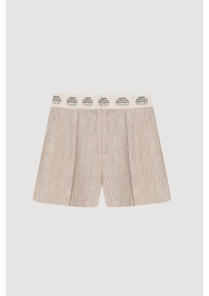 Beli Yazı Detaylı Pileli Mini Şort Naturel