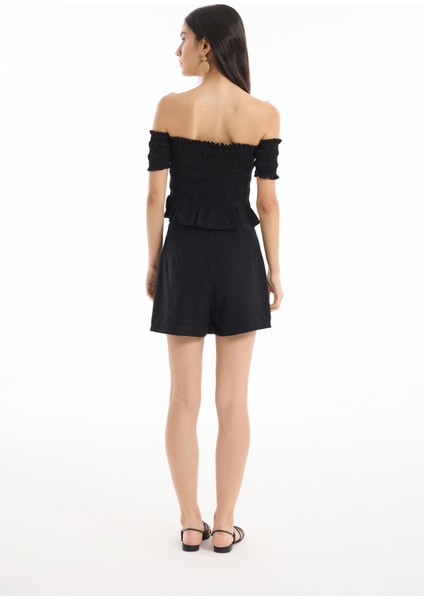 Dokulu Bağcık Detaylı Şort Etek Siyah