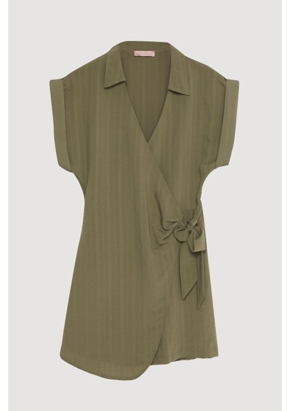 Kruvaze Yaka Beli Bağlamalı Şort Tulum Haki