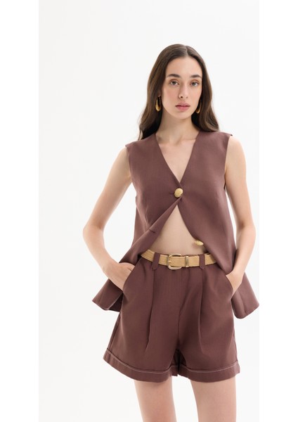 Hasır Kemer Aksesuarlı Pile Detaylı Mini Şort Kahverengi