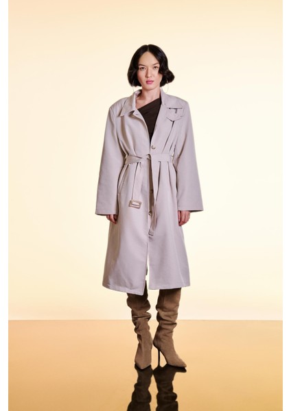 Beli Kemerli Uzun Trençkot Bej