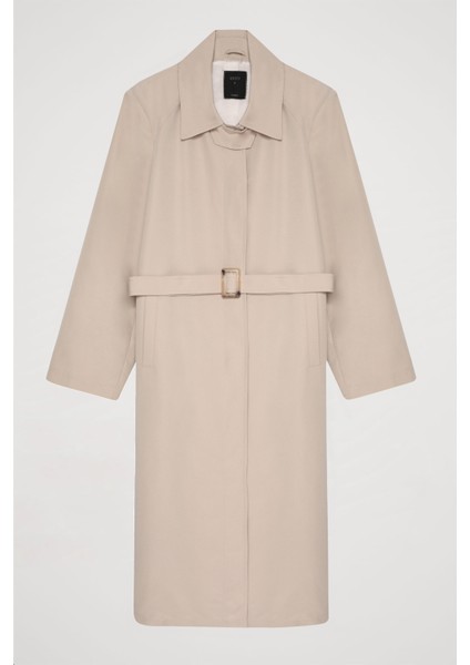 Beli Kemerli Uzun Trençkot Bej