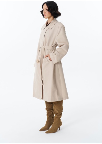 Beli Kemerli Uzun Trençkot Bej