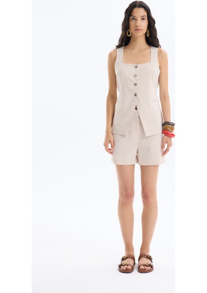 Cep Detaylı Mini Şort Naturel