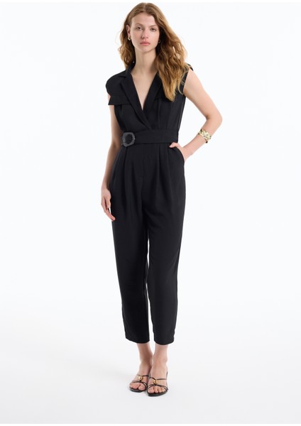 Kruvaze Yaka Kemerli Uzun Tulum Siyah