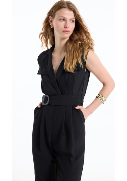 Kruvaze Yaka Kemerli Uzun Tulum Siyah