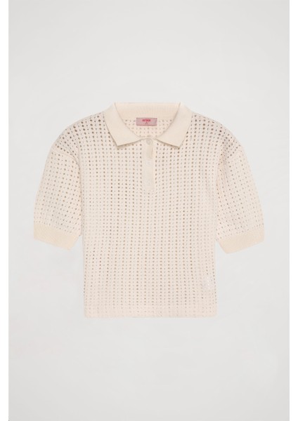 Polo Yaka Delikli İnce Triko Ekru fiyatları