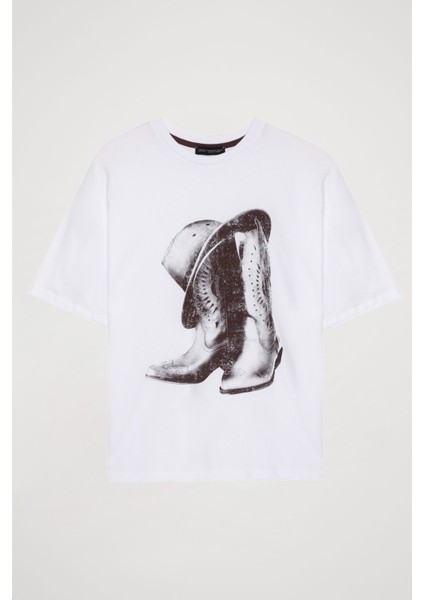 Retro Baskı Detaylı Kısa Kol Tişört Beyaz fırsatları