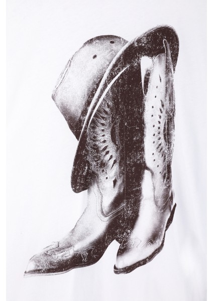 Retro Baskı Detaylı Kısa Kol Tişört Beyaz