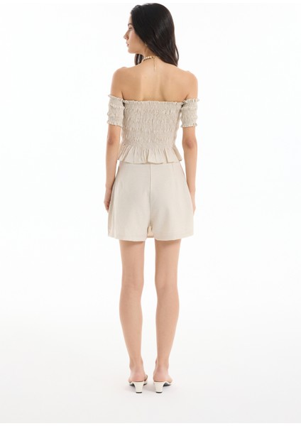 Dokulu Bağcık Detaylı Şort Etek Bej