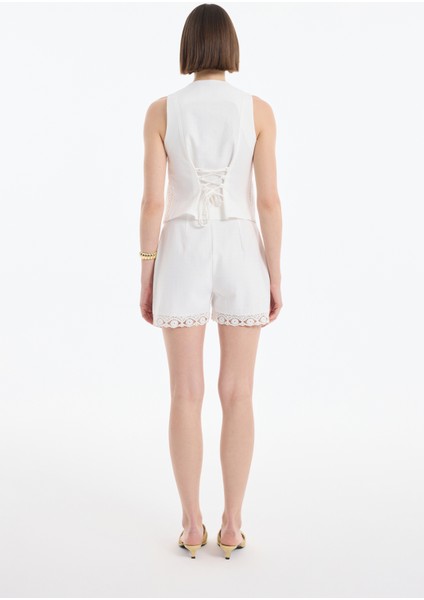 Dantel Şeritli Mini Şort Ekru