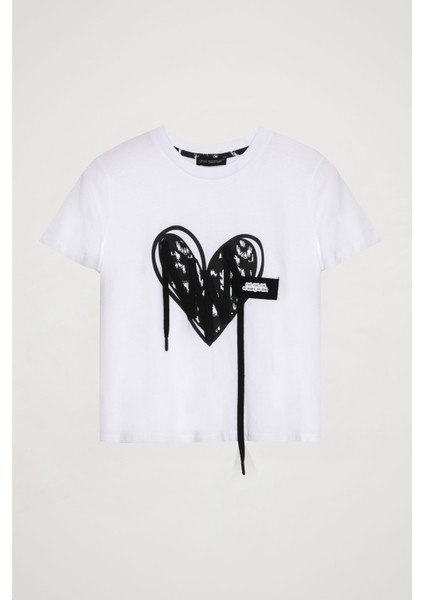 Kalp Baskılı Kısa Kol Tişört Beyaz fırsatları