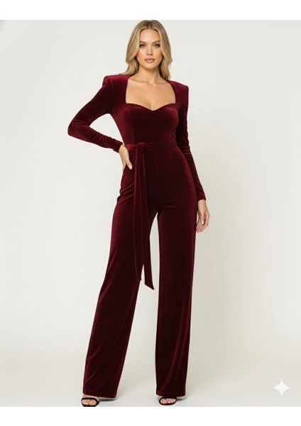 Kadın Siyah Kadife Uzun Kollu Kare Yaka Kemerli Tulum