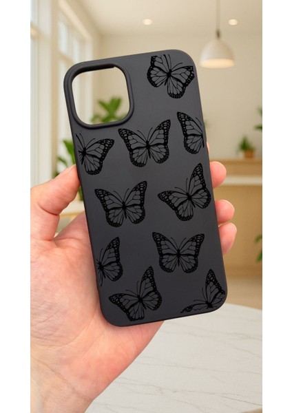 iPhone 12 ve 12 Pro Uyumlu Siyah Kelebek Desenli Silikon Darbe Emici Klasik Korumalı Rubber KILIF277