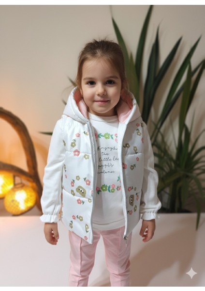 Kız Bebek Çiçekli Üçlü Takım (Omuzdan Çıtçıtlısweatshirt+ Kapşonluyelek+Pantolon)