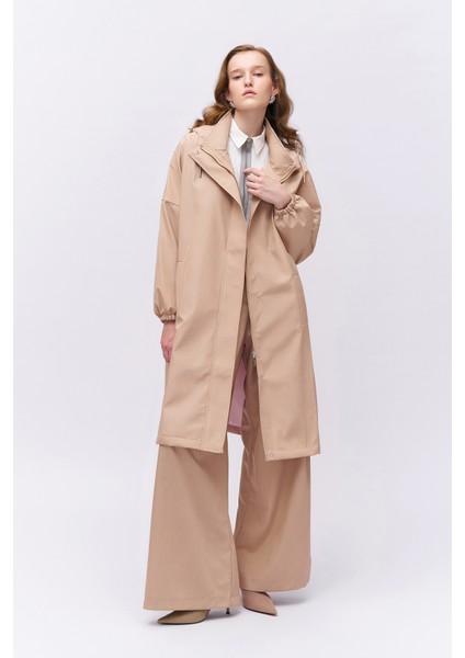 Oversize Kapüşonlu Trençkot Bej