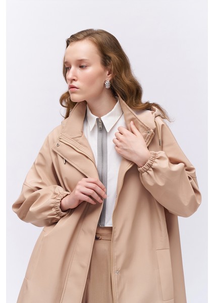 Oversize Kapüşonlu Trençkot Bej