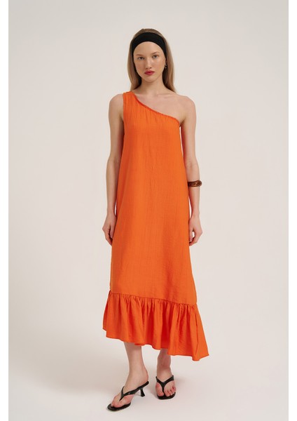 Tek Omuz Ucu Volanlı Midi Elbise Turuncu