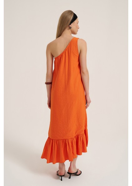 Tek Omuz Ucu Volanlı Midi Elbise Turuncu