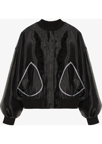 Cep Detaylı Organze Tül Ceket Siyah