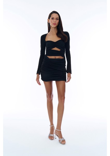 Cut Out Detaylı Parlak Mini Elbise Siyah