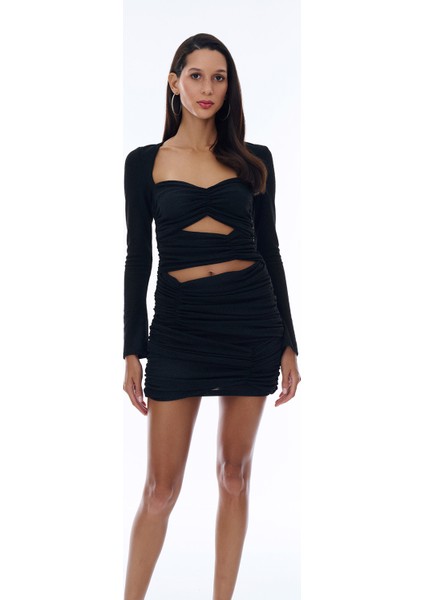 Cut Out Detaylı Parlak Mini Elbise Siyah