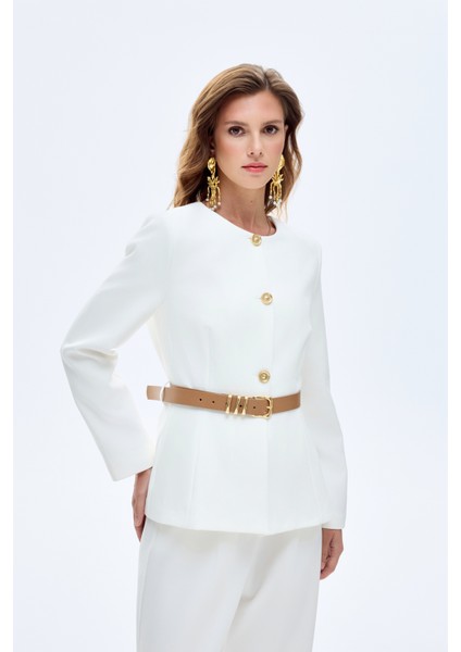 Kemer Aksesuarlı Yuvarlak Yaka Ceket Ekru fiyatları