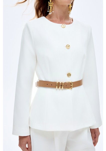 Kemer Aksesuarlı Yuvarlak Yaka Ceket Ekru indirimleri