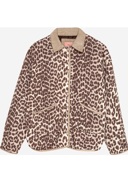 Leopar Desenli Kontrast Yaka Kapitone Ceket Kahverengi modelleri