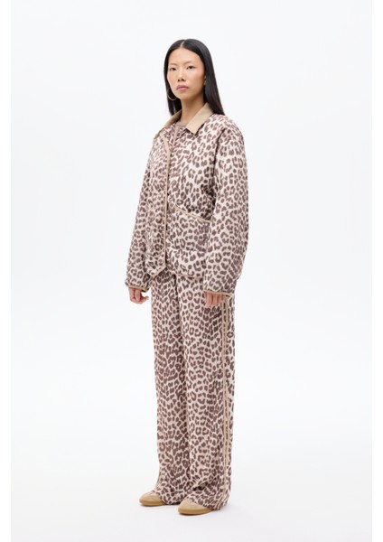 Leopar Desenli Kontrast Yaka Kapitone Ceket Kahverengi indirimleri