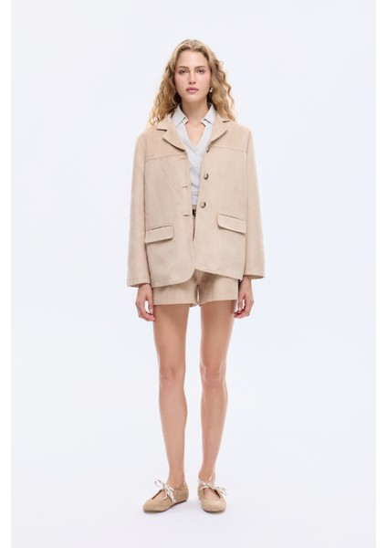 Kapak Cepli Süet Görünümlü Blazer Ceket Bej